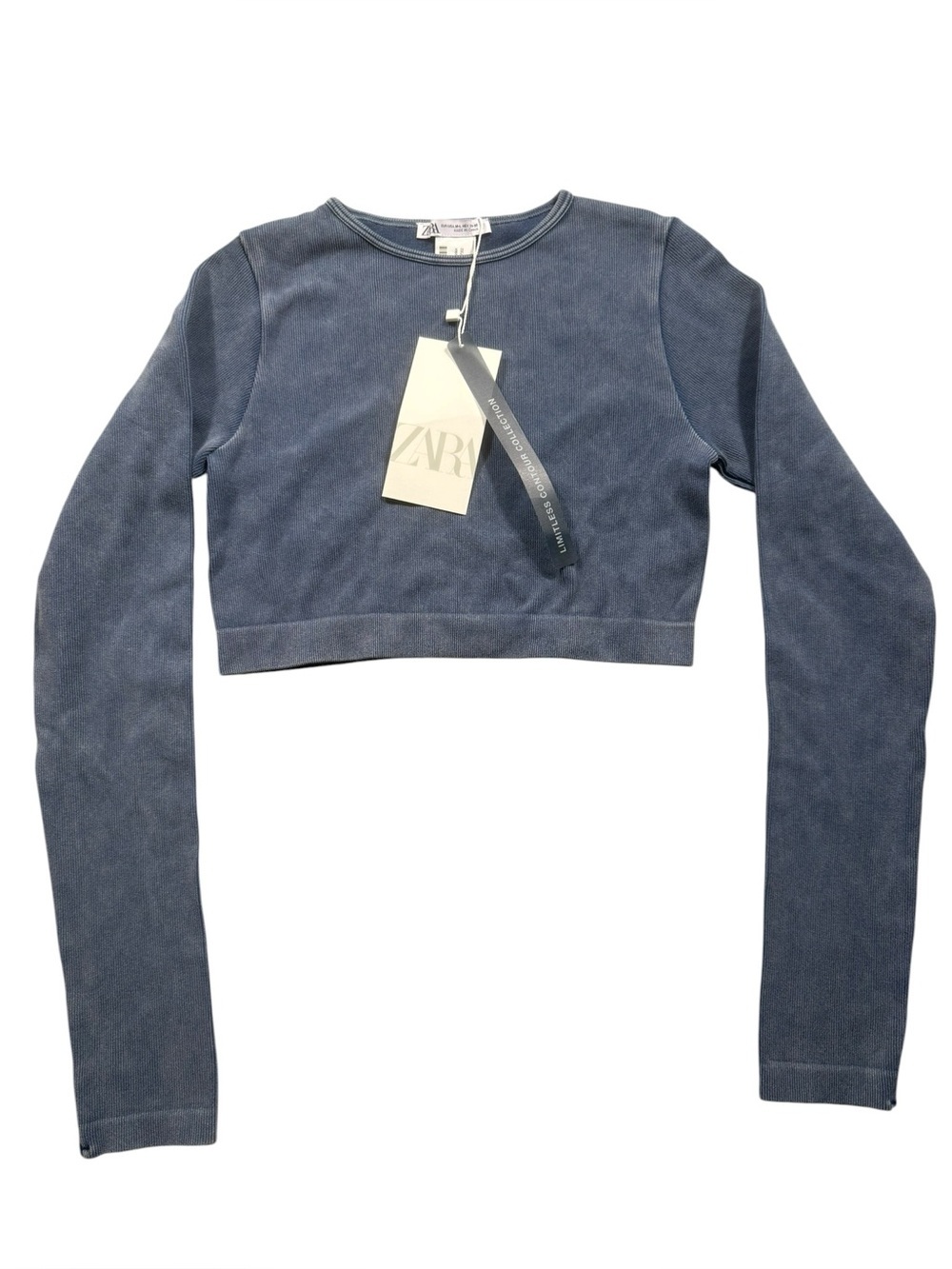 ZARA M/L Limitless Contour Slate Blue Cropped Crewneck Stretch Long Sleeve Top